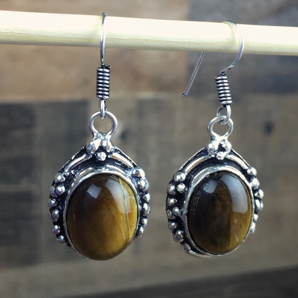 Tiger’s Eye Stone Hook Dangle Earrings - Picture 3 of 9